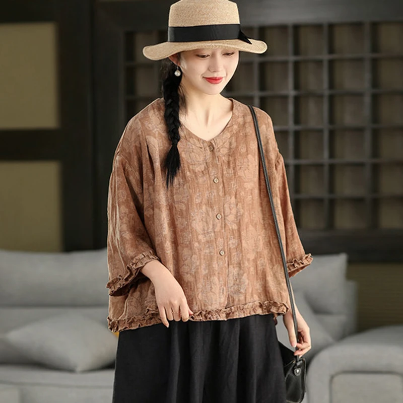 

Oversized Women Cotton Linen Casual Shirt New 2026 Summer Vintage Style V-neck Loose Comfortable Female Tops Shirts M2510