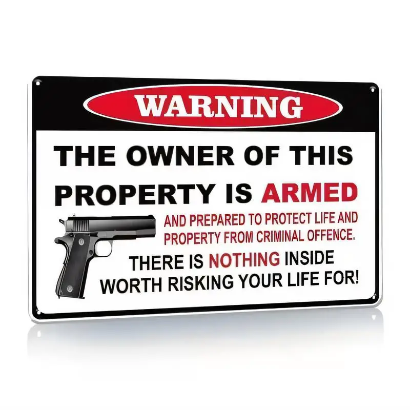 Retro Armed Property Warning Metal Tin Sign, Gun Graphic - Iron, Black/Red, Security Decor for Home/Office, Crime - Deterrent Vi