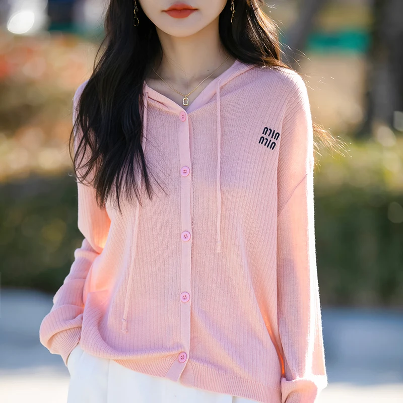 2025 Spring and Autumn women's cashmere cardigan hooded cardigan knitted sweater cardigan fashionable cashmere sweater jacket