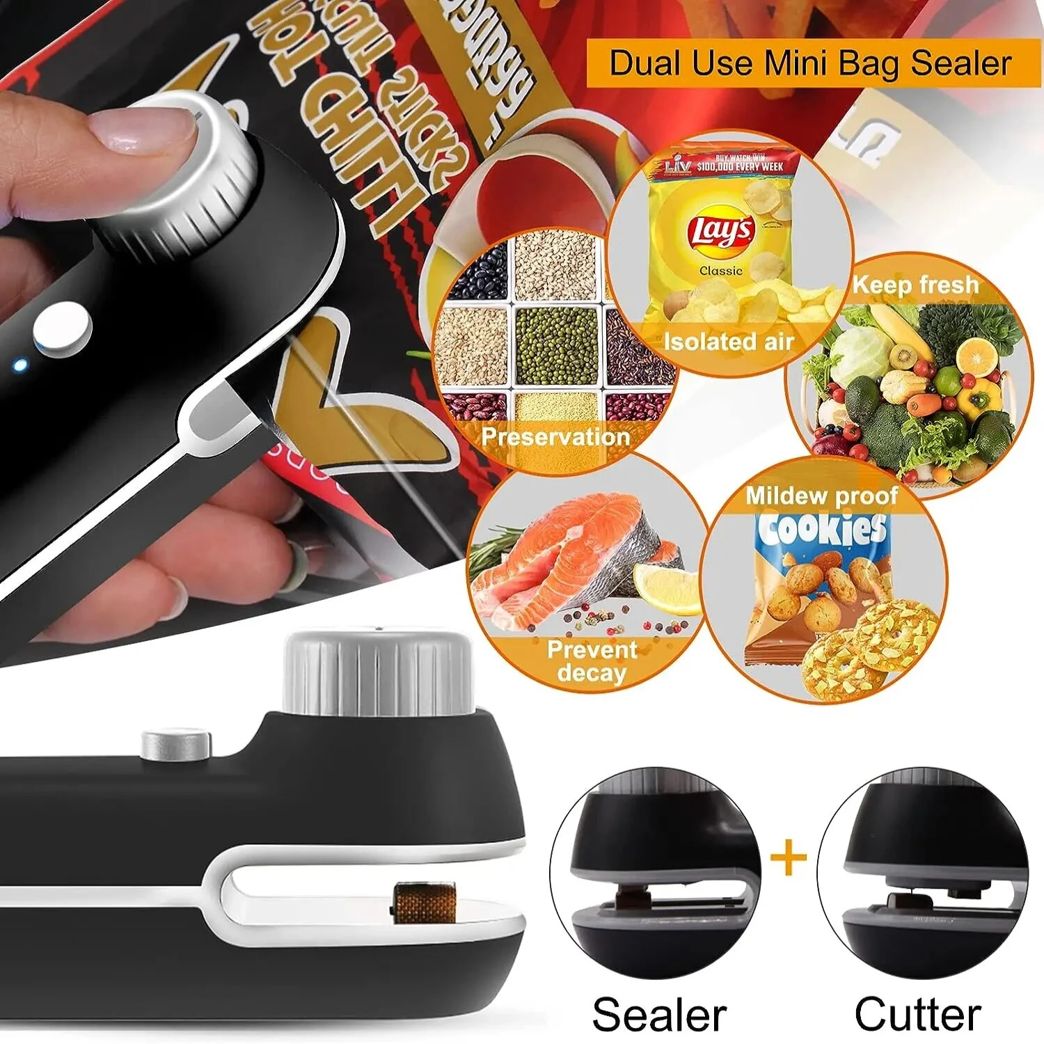 

Portable and Compact Rechargeable Mini Plastic Bag Heat Sealer with Snack Clip - Durable, Easy to Use, and Convenient USB-Powere