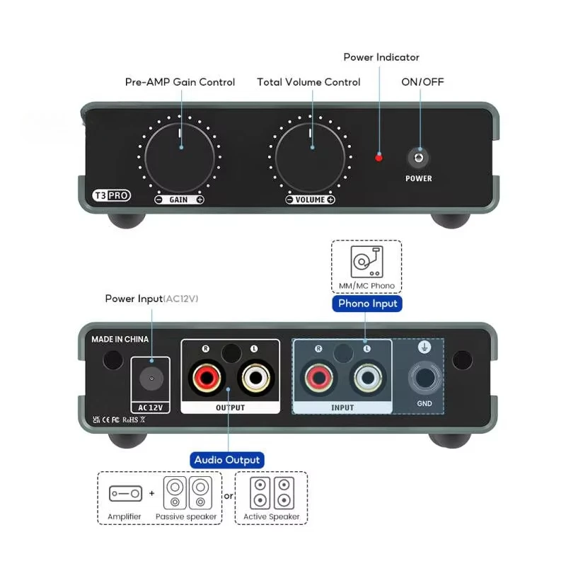 T3 PRO RIAA MM/MC Phono Preamplifier Vinyl Record Player Stereo Preamp Amplifier Gain Control Audio Products Accessory