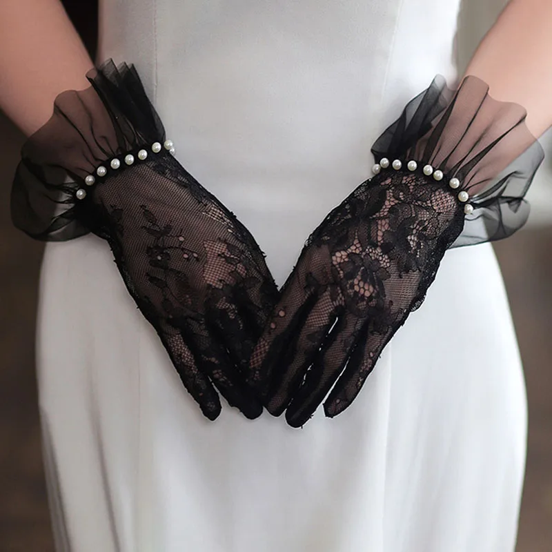 

Перчатки для невесты в стиле японской готики Лолита: черно-белые кружевные, сетчатые, с бантом и цветами, милый браслет, аксессуар для косплея горничной