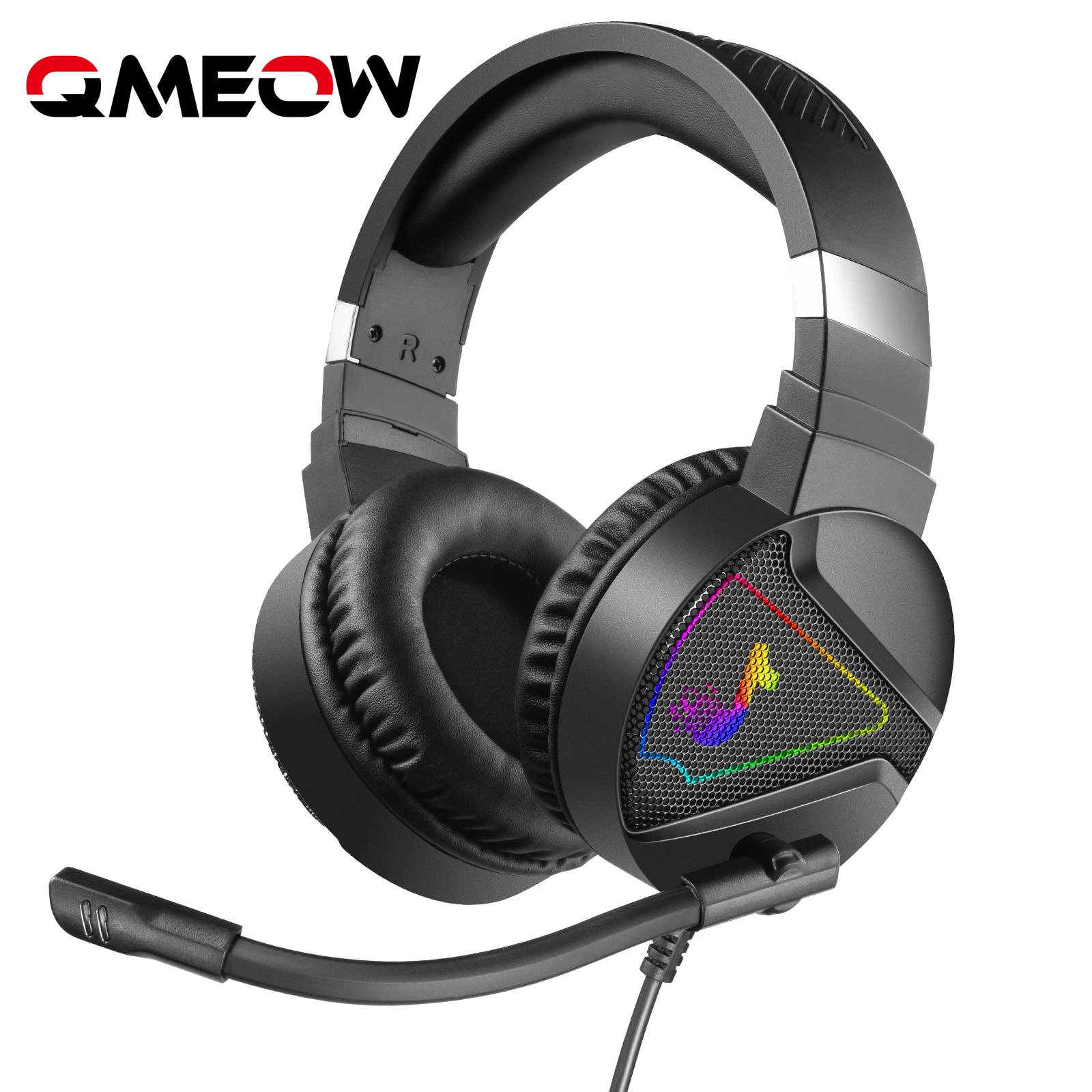 QMEOW Gaming Headphones with LED Wired Headset HiFi 4D Stereo Headphone with Folding Microphone for PC Laptop Online Class& Game