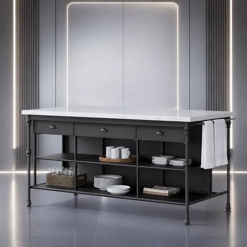 American Wrought Iron Dining Side Cabinet Open Marble Kitchen Island Table Multi Functional Dining Preparation Cabinet Locker