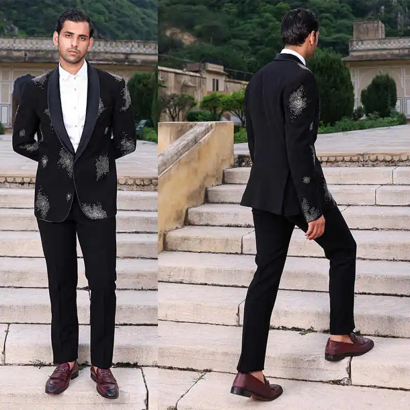 

Роскошные мужские костюмы, комплект из 2 предметов, пиджак, брюки, однобортный пиджак с острыми лацканами и бусинами, свадебные формальные костюмы по индивидуальному заказу, trajes para hombre