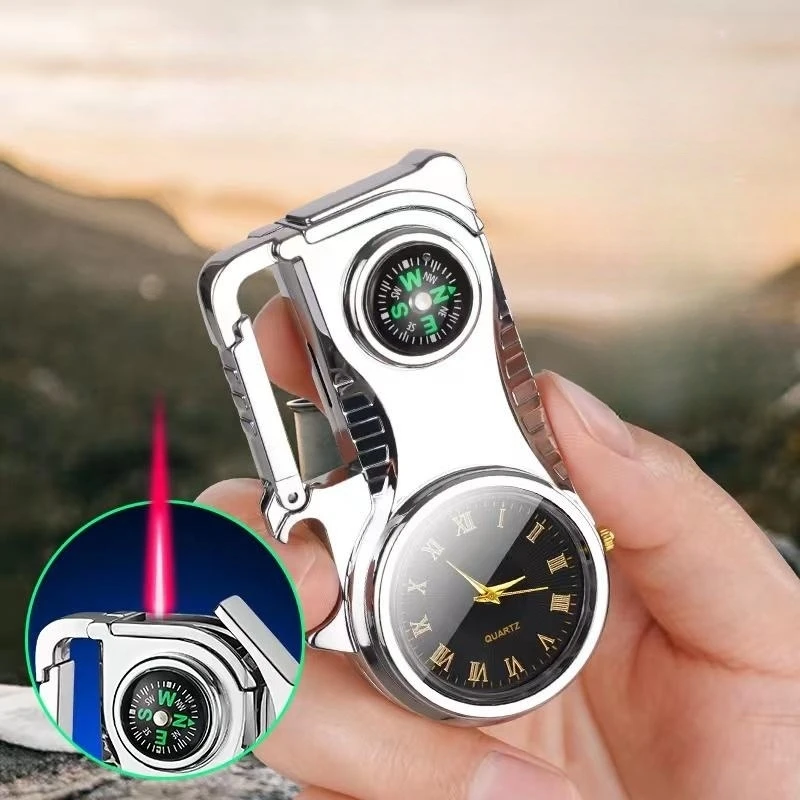 New Outdoor Compass Keychain Inflatable Windproof Lighter Multi-function Watch Bottle Opener Red Flame Butane Gas Lighters Tool