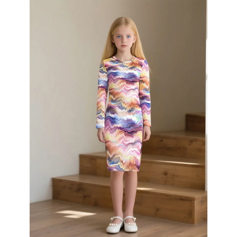 

2025 Girls Fashion Long Sleeve Color Wave Print Skinny Medium Dress - Cute Casual and Party Children's Clothing