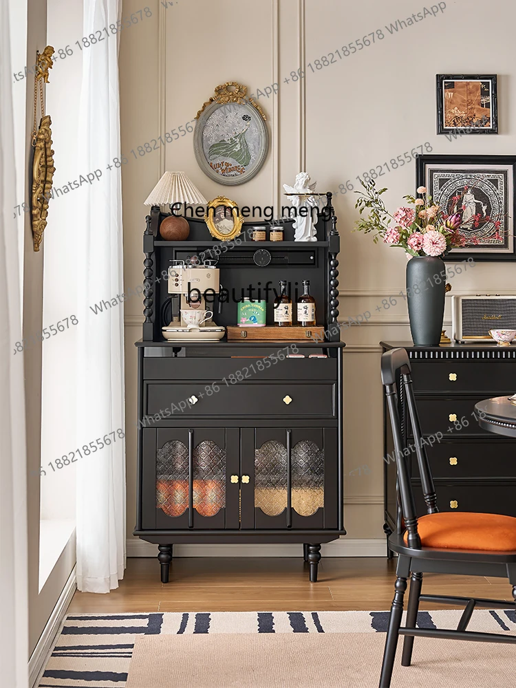 

X French Style Solid Wood Sideboard Black Living Room Tea Water Vintage American Small Apartment Water Bar Side Cabinet