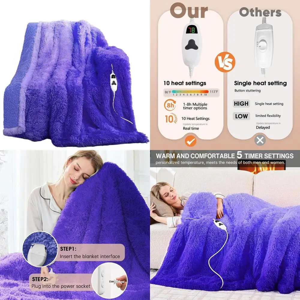 

Twin Size Heated Blanket for Women - Faux Fur & Sherpa, 10 Heat Levels, 5 Timers, 62x84, Purple Sunset