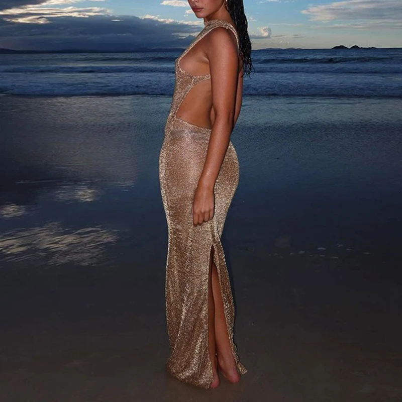 Maemukilabe-vestido coqueta de lencería transparente para mujer, vestido Sexy de fiesta para discoteca, brillante, sin mangas, sin espalda, ajustado, Maxi, pareo exótico