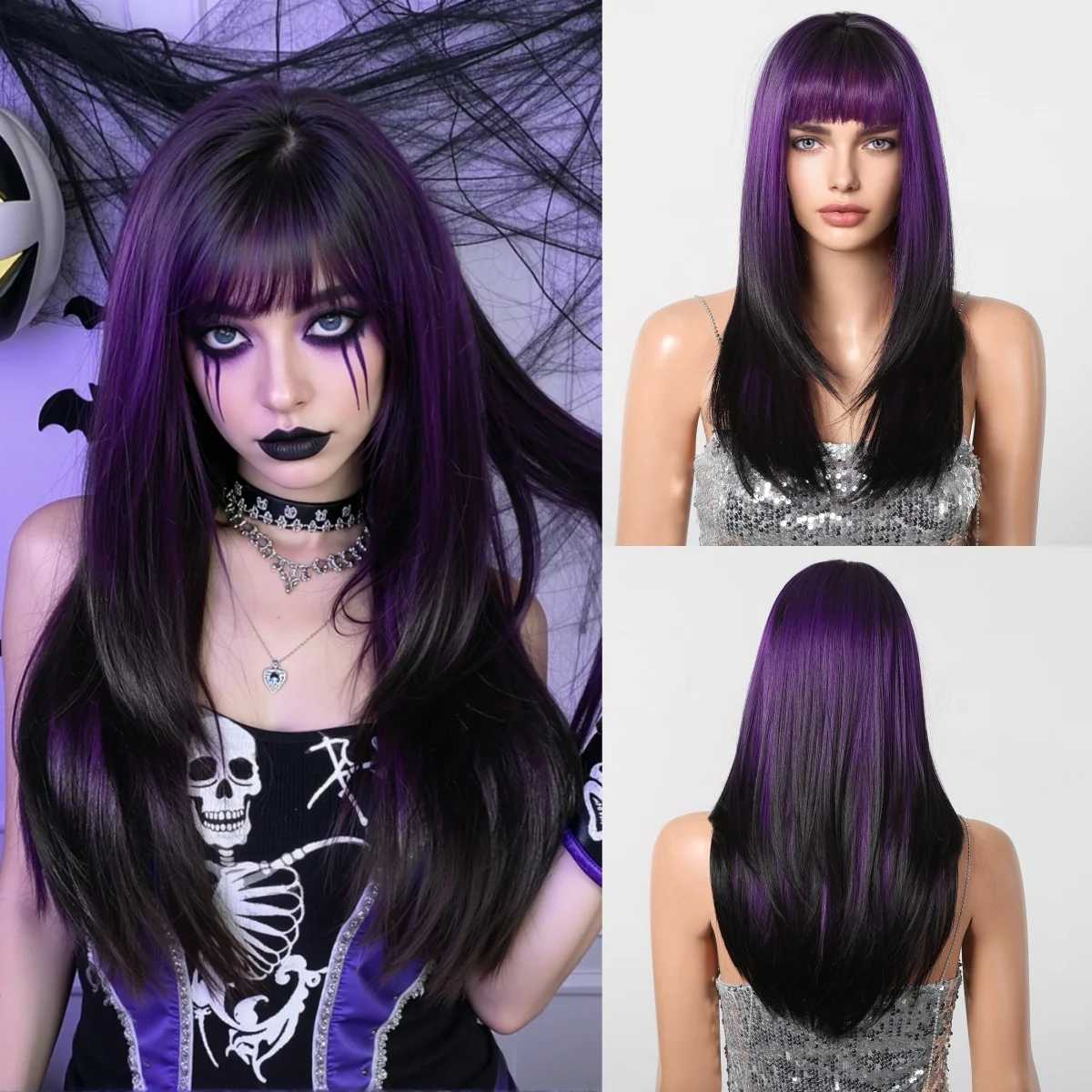 

Black Purple Highlights Synthetic Wig with Bangs Straight Hair Wigs Women Layered Hair Wigs for Party Daily Use Heat Resistant