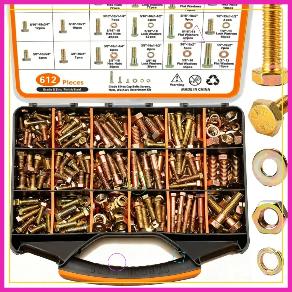 

612pcs Heavy Duty SAE Grade 8 Bolts and Nuts Kit, 1/4-20 to 1/2-13 Assortment with Washers, Yellow Zinc