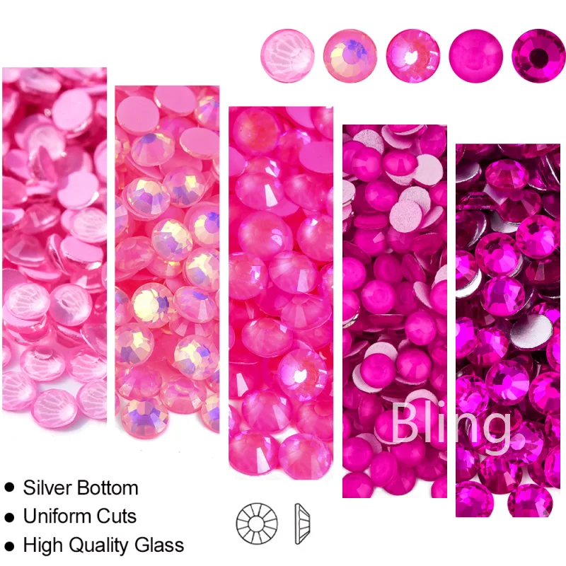 Bling Pink Series Non Hotfix Rhinestones SS6-SS30 Nail Charm Art Flatback Crystals Super Glitter Glass Strass for DIY Craft