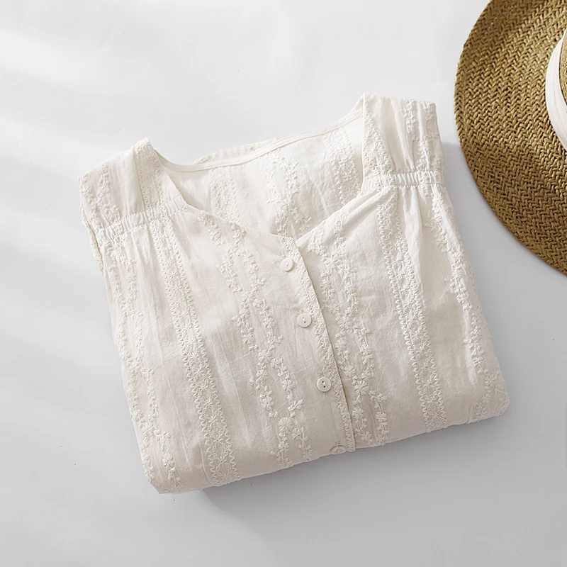 Retro geborduurde lantaarn Sve irt dames zomer Faion leeftijd-Defng pop irt V-Ne top trendy katoenmix materiaal