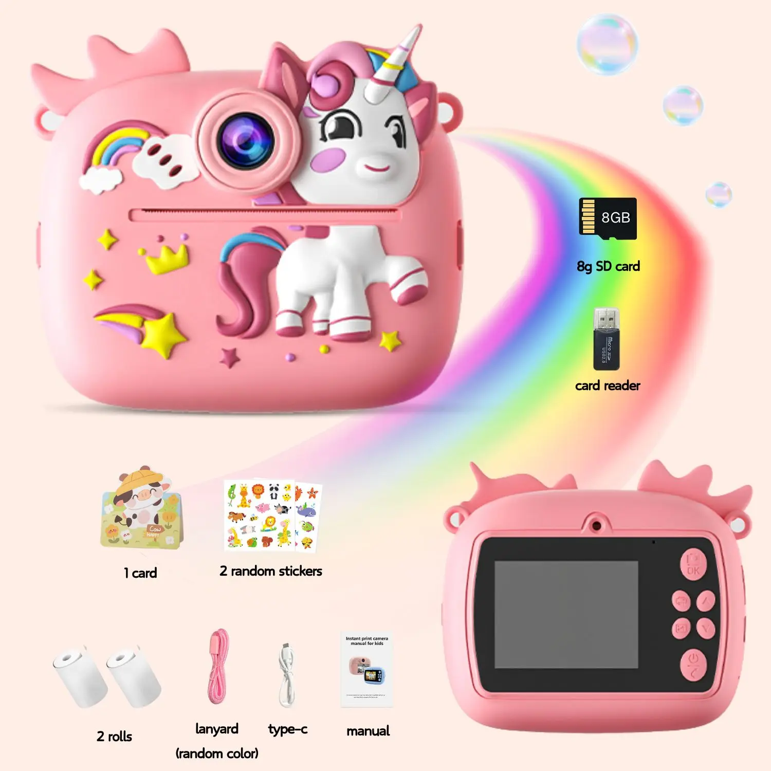 كاميرا طباعة فورية ملونة خضراء لطيفة مع بطاقة SD كاميرا طباعة فيديو صغيرة مع ورق صور هدية للأولاد والبنات
