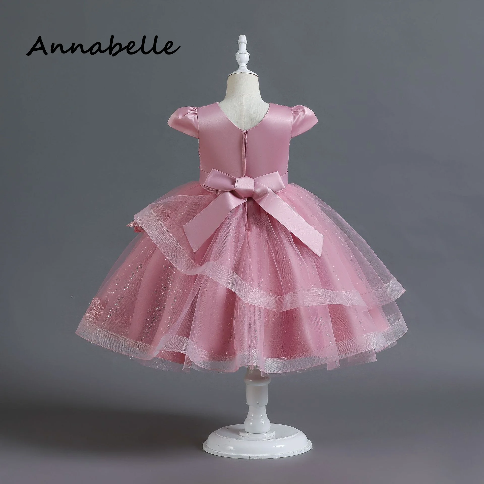 Annabelle-vestido de princesa de flores para niña, vestido de dama de honor con lazo para ceremonia de cumpleaños, rosa, cuello redondo para fiesta de boda