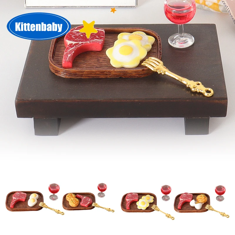 1 Juego de bonita casa de muñecas en miniatura, carne de res, Pasta, copa de vino tinto, juego de simulación, comida de cocina para muñeca, accesorios de juguete BJD