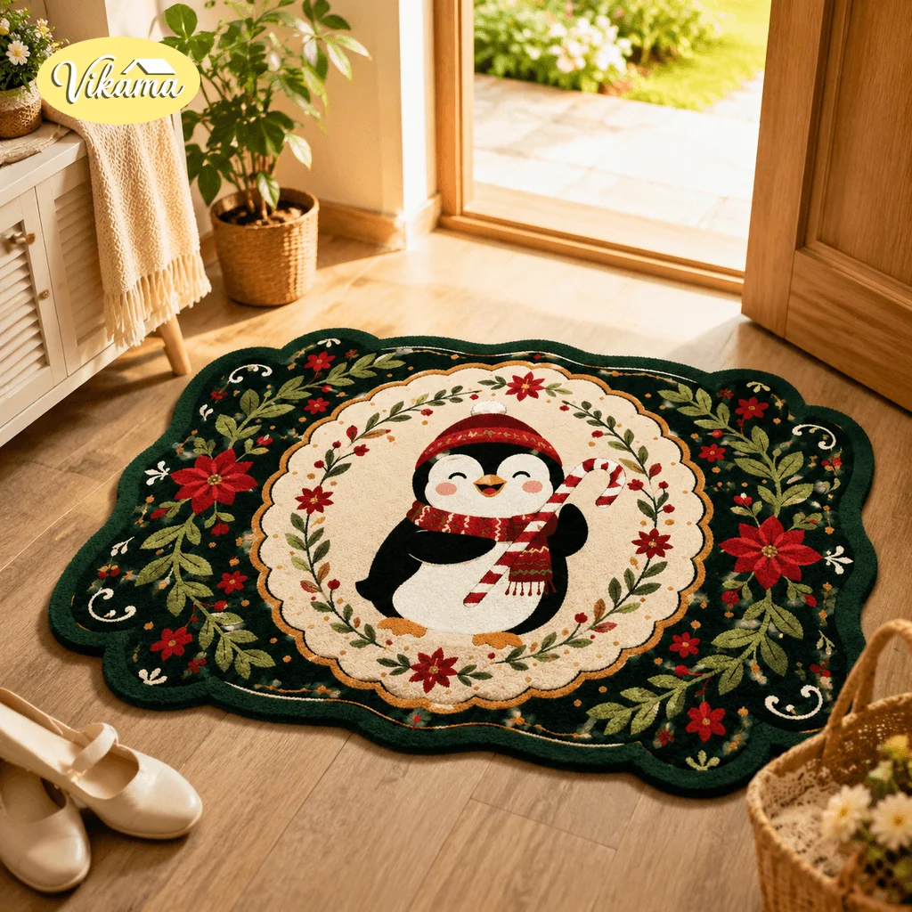 VIKAMA Christmas Flannel Rug For Bathroom, Toilet Entrance, Bedroom Hallway, Doorway, Easy To Clean Floor Mat, Home Decoration