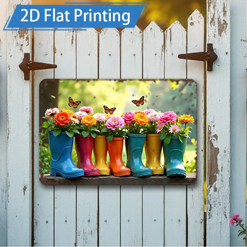 

1 шт., 8x12 дюймов, металлические вывески, красочные сапоги с цветами и бабочками, 2D плоская печать, настенный художественный декор