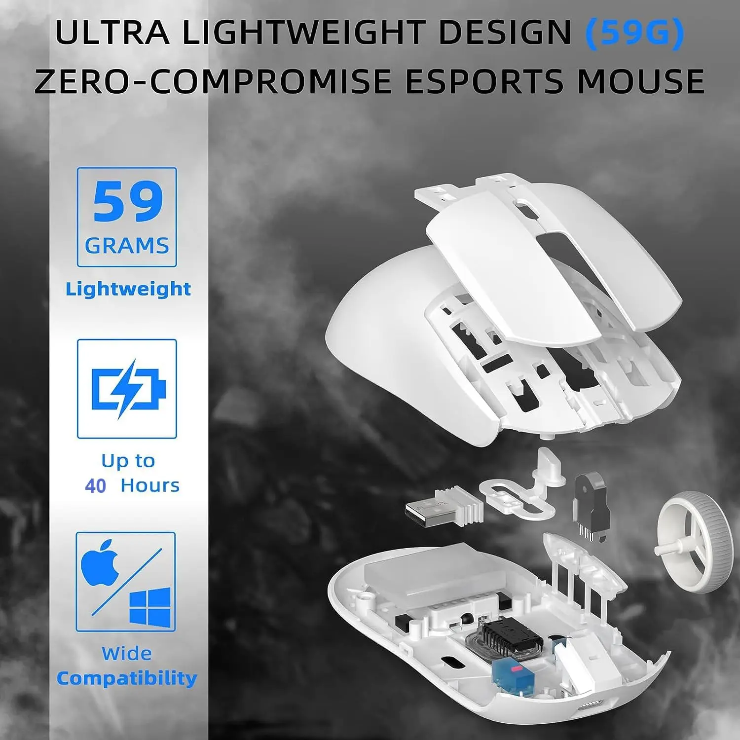 A.JAZZ AJ139 G Pro souris de jeu sans fil ultra-légère 59g avec récepteur double mode filaire/2.4Ghz jusqu'à 26K DPI, ergonomique