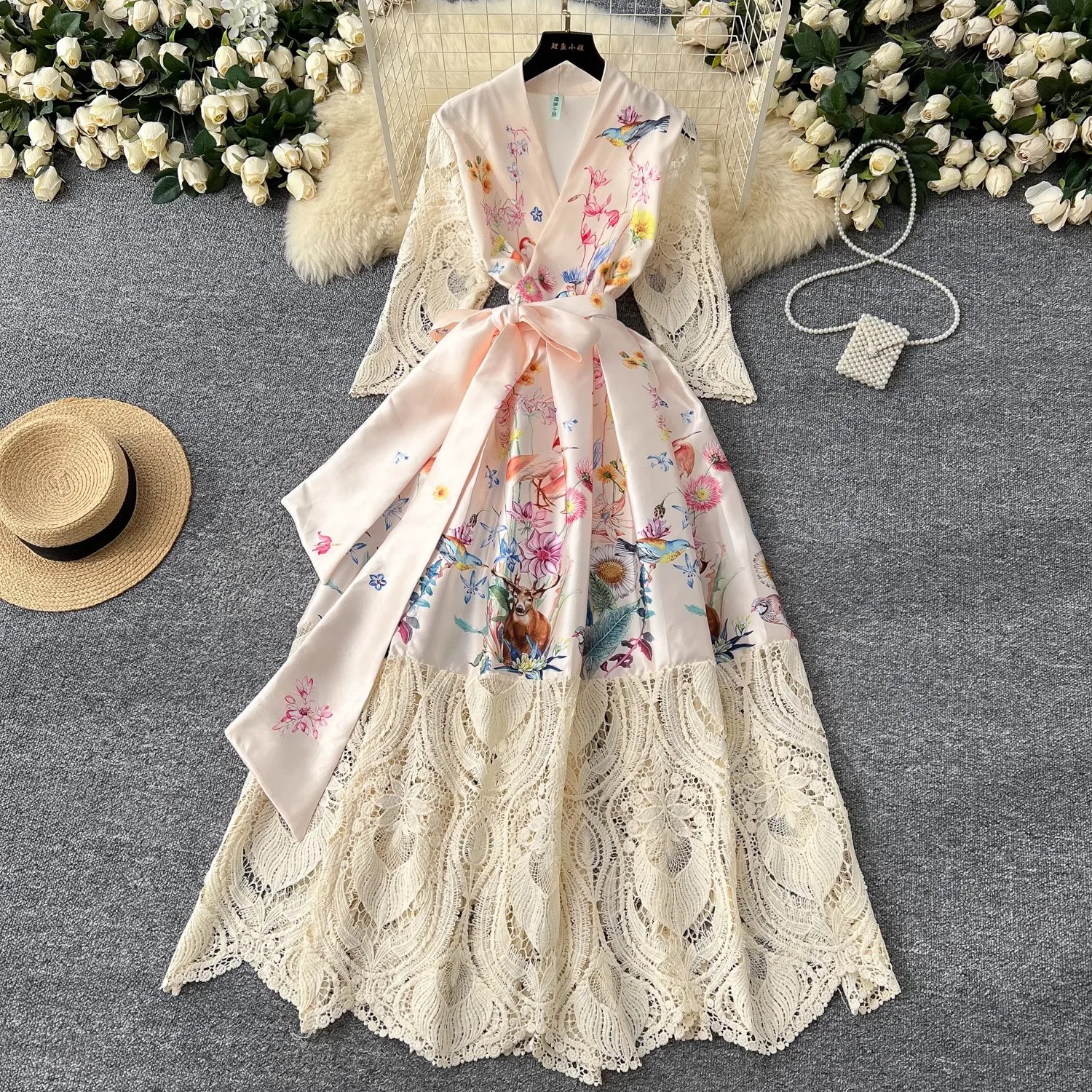 Retro Bandage Lace Up Wrap Dress Women's V-Neck Long Sleeve Crochet Lace Patchwork Thick Satin Flower Print Long Party Vestidos