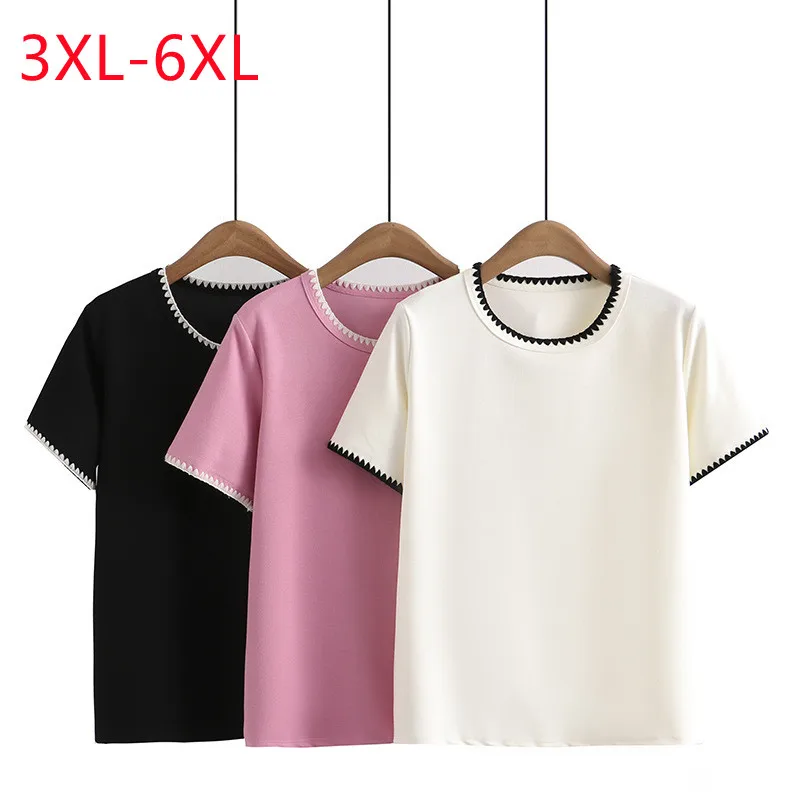 

New 2023 Ladies Spring Summer Plus Size Tops For Women Large Size Short Sleeve O-neck Black T-shirt 3XL 4XL 5XL 6XL