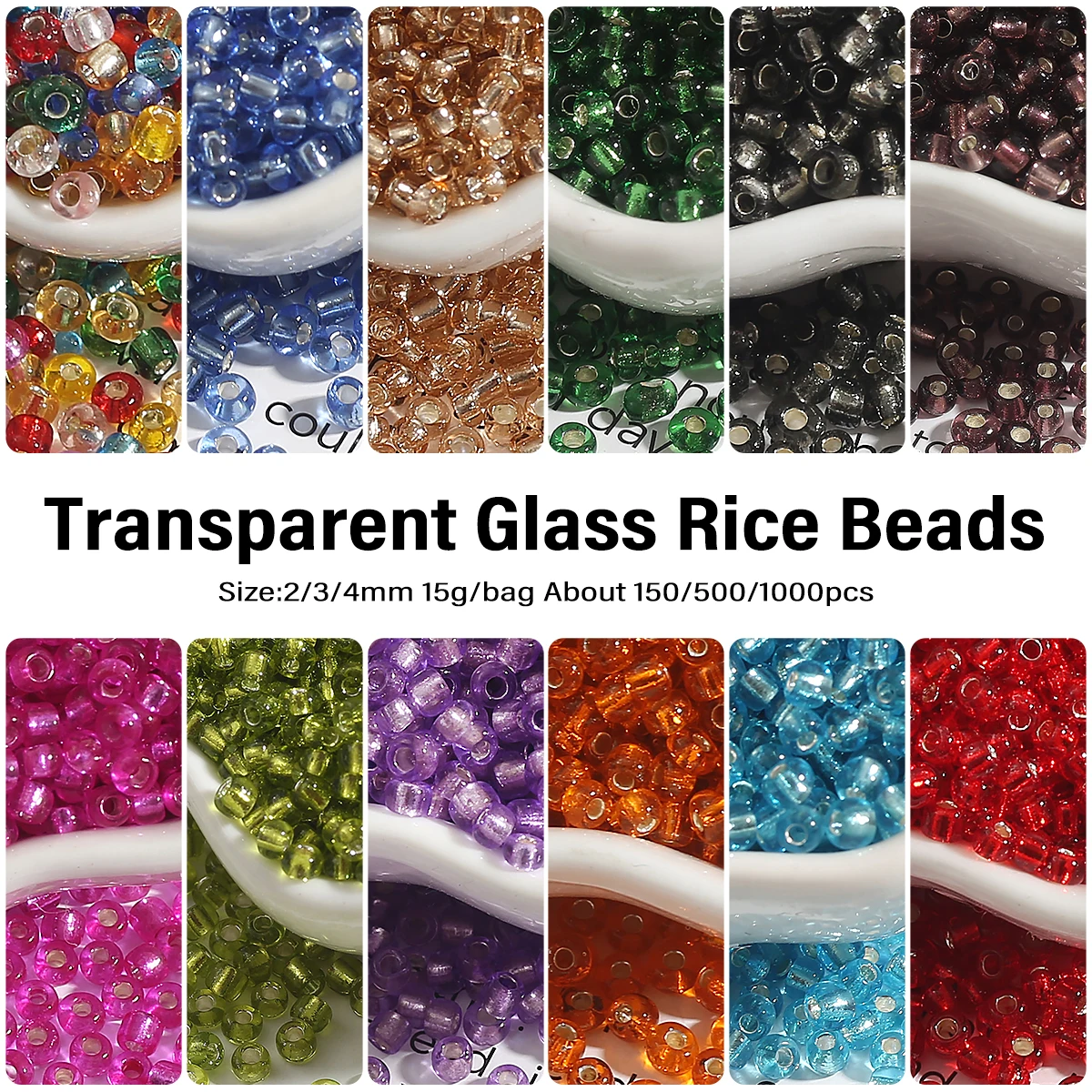 2/3/4mm Transparent Glass Rice Beads For Artware Decoration Necklace Bracelet DIY Jewelry Making About 15g/bag 150/500/1000pcs