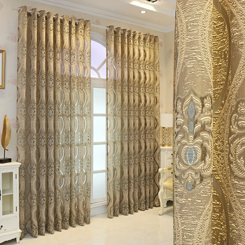 1 Stück Kaffeebraune 3D-Geprägte Transparente Vorhänge, Europäisches Hofmuster Lichtfilternder Voile, Luxuriöse Gardinen für Wohnzimmer Schlafzimmer