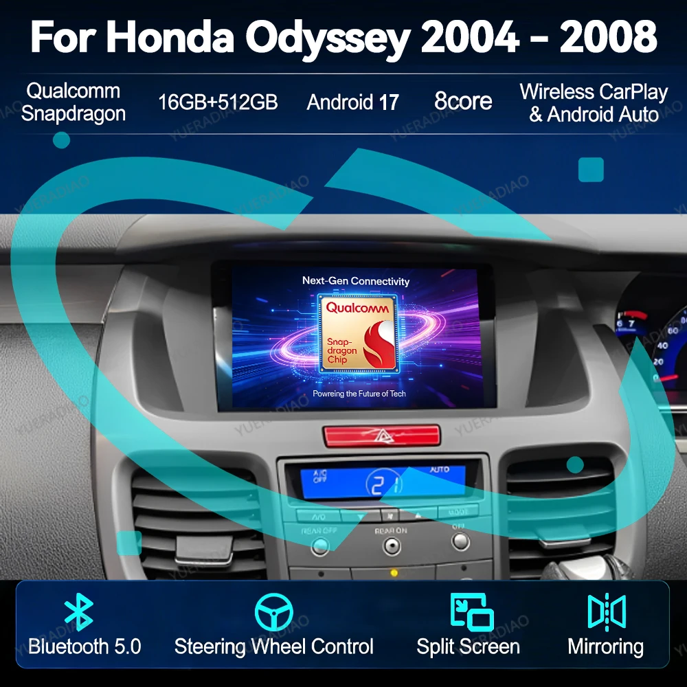 Radio para Auto Android 17 para Honda Odyssey 2004 2005 2006 2007 2008, GPS NAVI QLED BT, Reproductor Multimedia Estéreo de Video, 4G WIFI Qualcomm