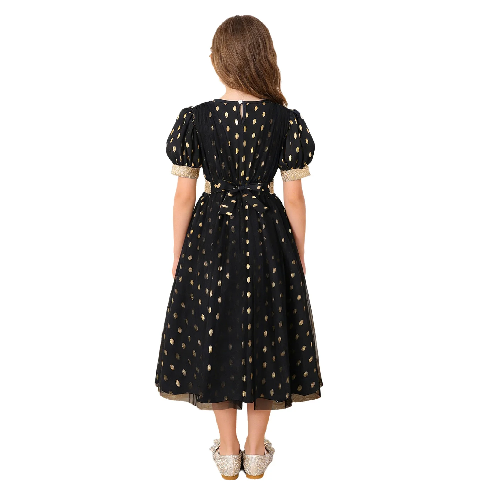 

Детское платье принцессы с пышными рукавами и принтом в горошек, винтажное, с золотой отделкой, длинное, с оборками, для дня рождения и праздников