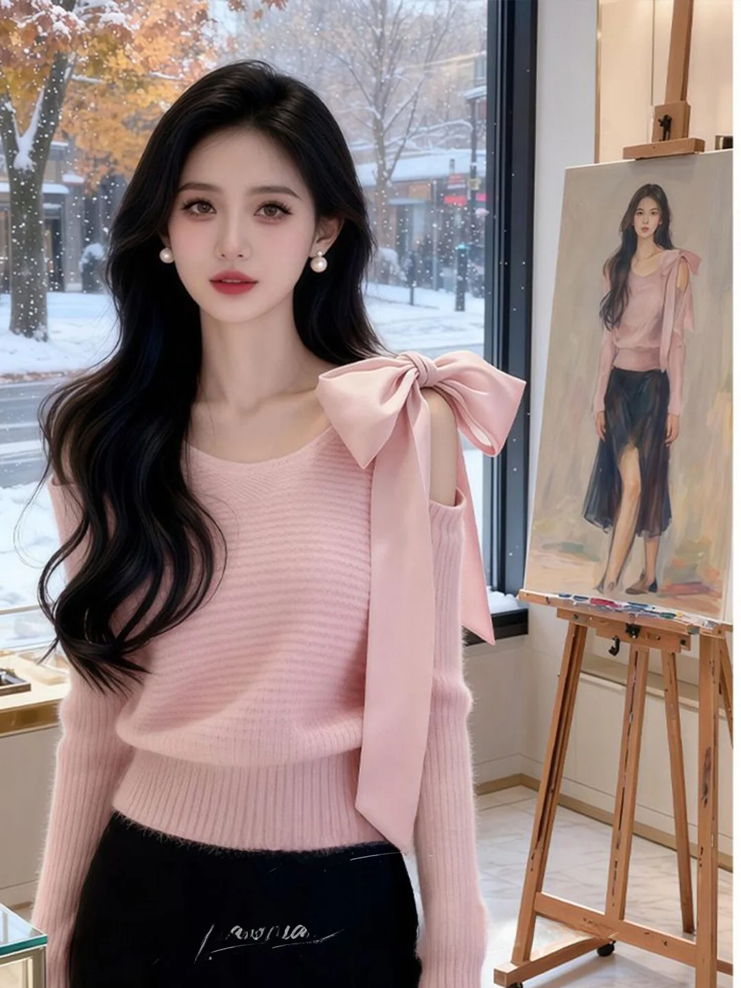Early Autumn Korean Style Pink Knitted Sweater Short Cute Unique Beautiful Light Maturity Top Fashionable  Knot Design