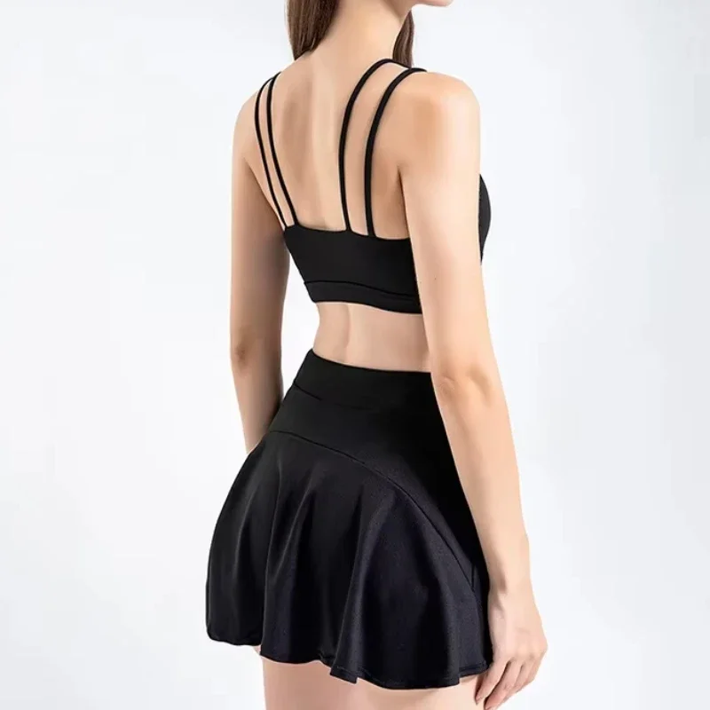 Solid Gym Yoga Sets Women Sports Bra + Skirts Sets High Waist Gym Fitness Tennis Skorts Cycling Golf Suits Women Sports Clothing