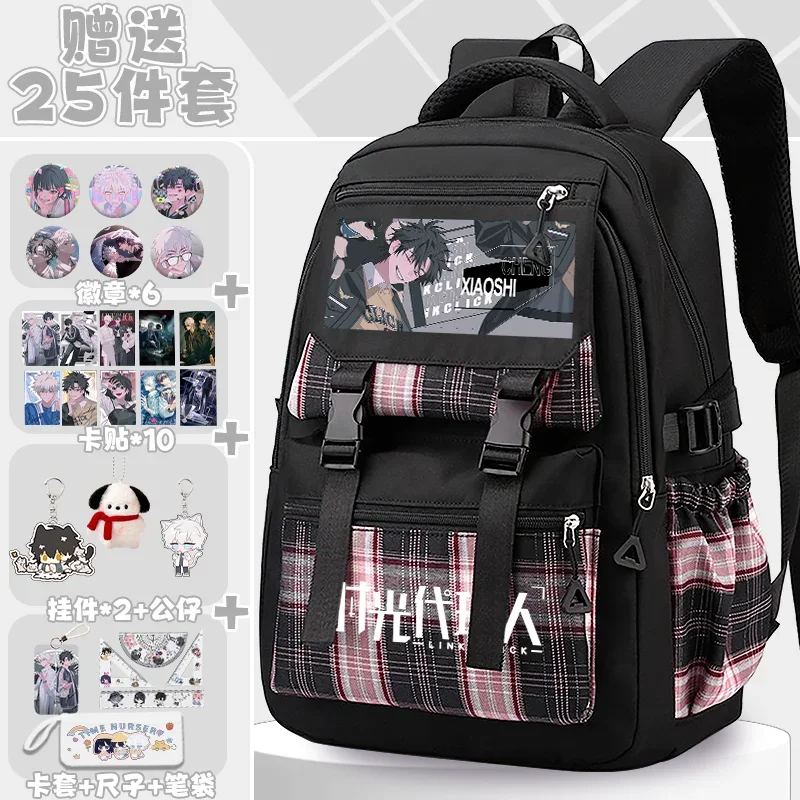 

Breathable Mesh Tartan Plaid Black Pink, Link Click, Student Kids Teens School Bags, Large Capacity Anime Backpacks Girls Cute