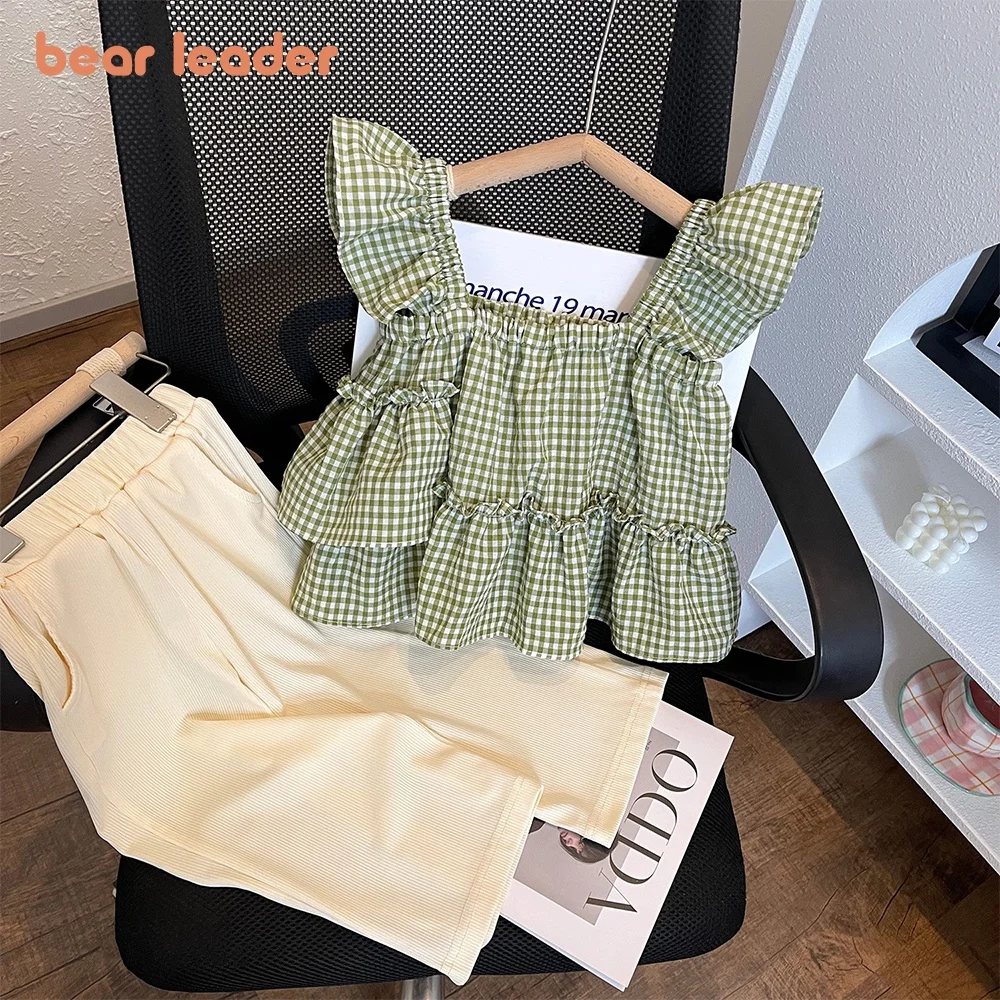 Bear Leader Baby Girl\'s Casual Clothing Set 2023 New Summer Fly Sleeve Checked Slip Top+Solid Pants Two Piece Set