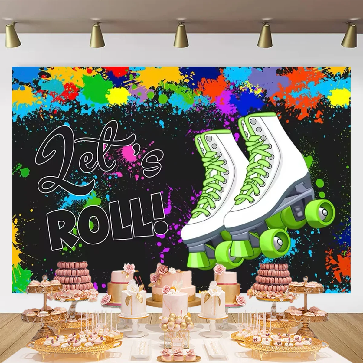 Roller Skating Shoes Theme Birthday Background Girls Children Women 80s 90s Pink Roller Skating Neon Lights Rainbow Disco Party