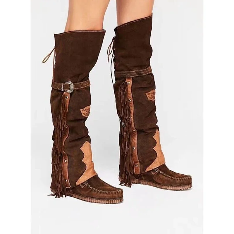 Suede Over The Knee Flat Boots Winter Sewing Thread Tassel Runway Shoes Round Toe Lace Up Belted Boots Warm Genuine Leather