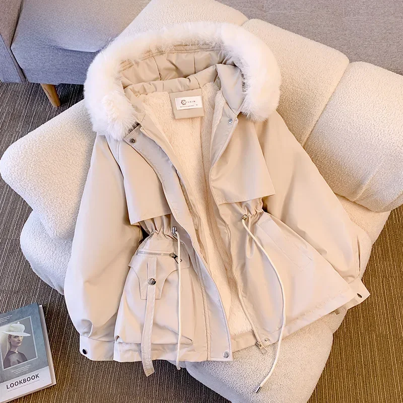 Women\'s Medium-length Waist-fitted Slimming Hooded Cotton-padded Jacket Warm Fleece Lining Korean Style Autumn/winter Coat