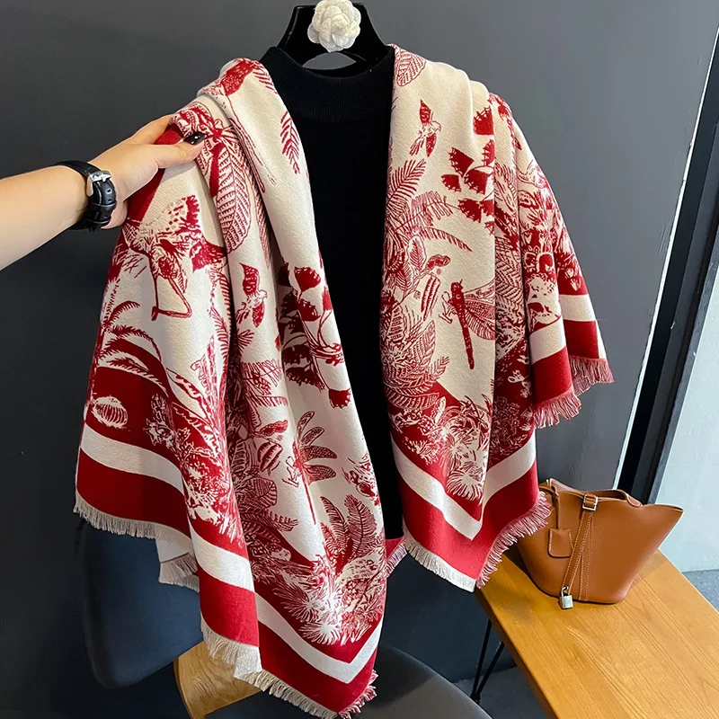 Luxury Brand Cashmere Women Floral Scarf Winter Warm Shawl and Wrap Bandana Pashmina Female Foulard Square Thick Blanket 2024