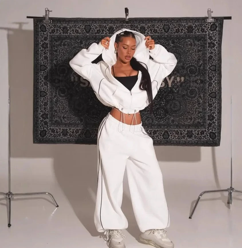 

Женская модная линия контрастного цвета с капюшоном на молнии свободные прямые брюки костюм-двойка для женщин