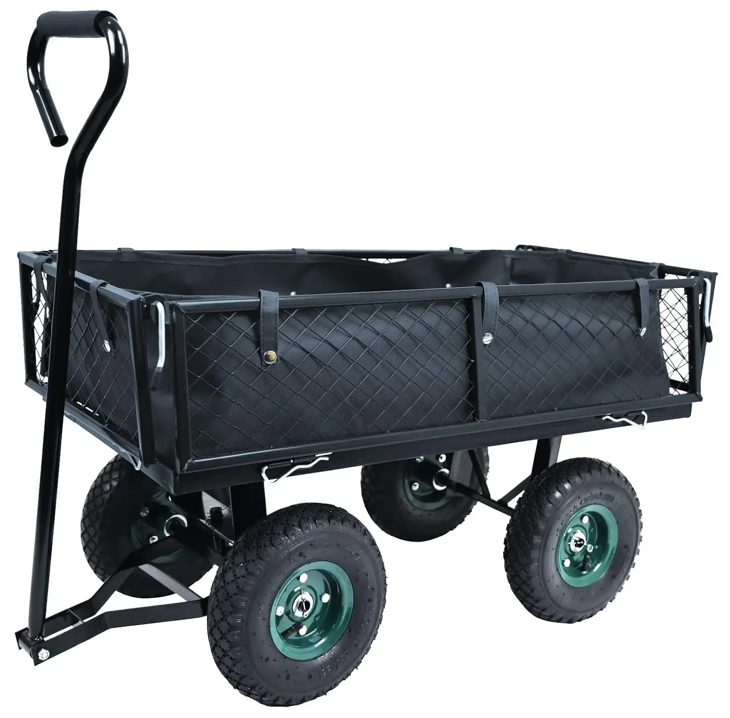 Mesh Steel Folding Utility Wagon, Vagão utilitário preto com lados removíveis, Pneus Pneumáticos 10in, Forro Incluído