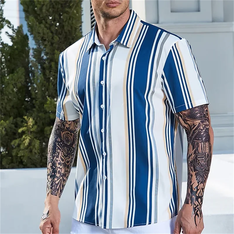 Hawaii Shirts For Men Summer Casusal Striped Print Shirt Short Sleeve Oversized Street Mens Designer Clothing Camisas De Hombre