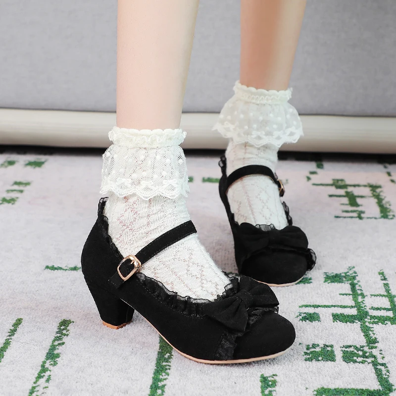 Matting Frosted Leather Classic Lolita Shoes Sweet Lace Edge Buckle Strap Spike Heel Pumps Fashion Party Princess Cosplay