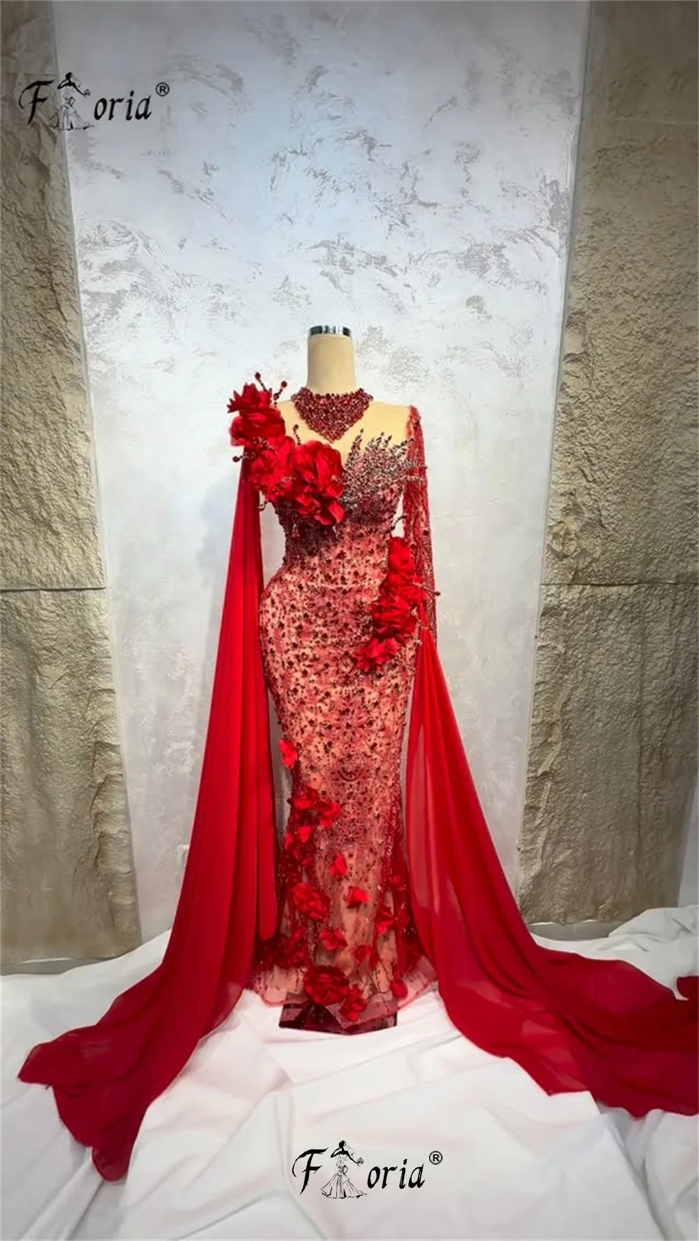 تصميم الأزياء الخرز الأحمر الترتر رداء حفلات السهرة الرسمية دبي اليدوية ثلاثية الأبعاد الزهور فساتين لحضور الحفلات الموسيقية طويلة Vestidos de gala مخصص #1
