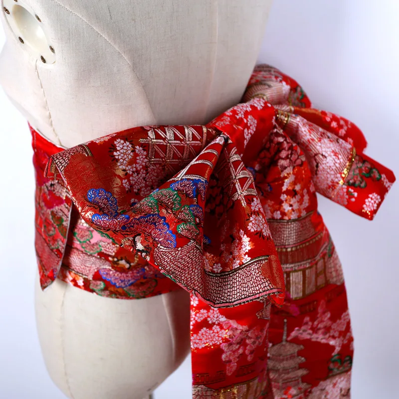 Japan Style Women Kimono Obi Creative Bow Tie Brocade Jacquard Girdle Long Tail Wide Waist Belt