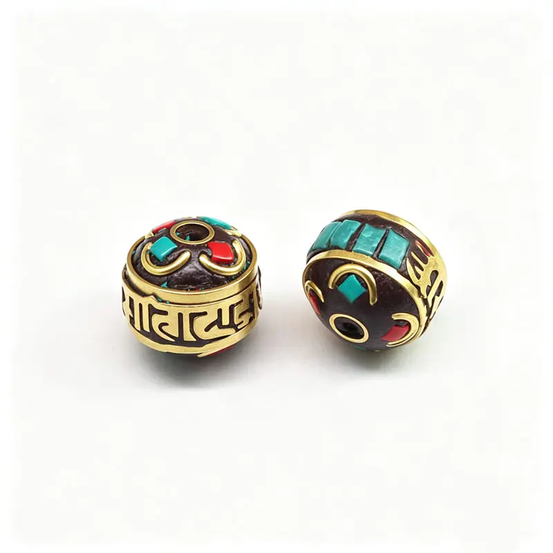 2PCS Tibetan Mantras Beads Nepal Hand Bead Inlaid Colorful Stone Flower Ball NBB206