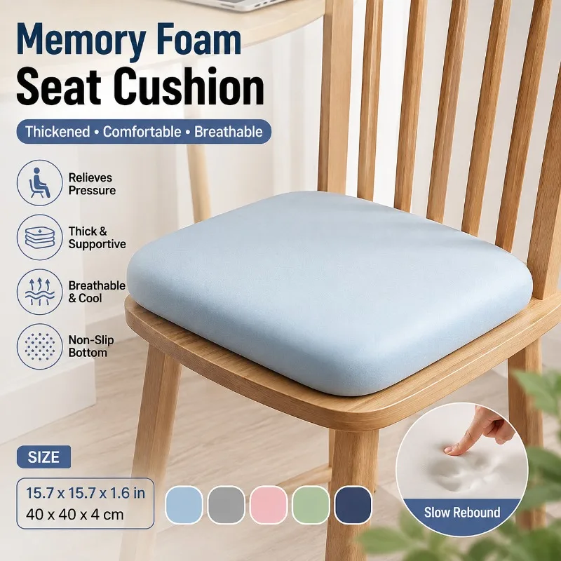 Office Chair Seat Cushion Thickened Breathable Ice Silk Pad High Elastic Foam Non-Slip Removable Cover for Long Sitting Daily