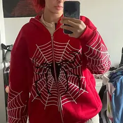 Sudadera con capucha de tela de araña para hombre y mujer, ropa cálida con estampado rojo, estilo Harajuku, Vintage, Grunge, con cremallera