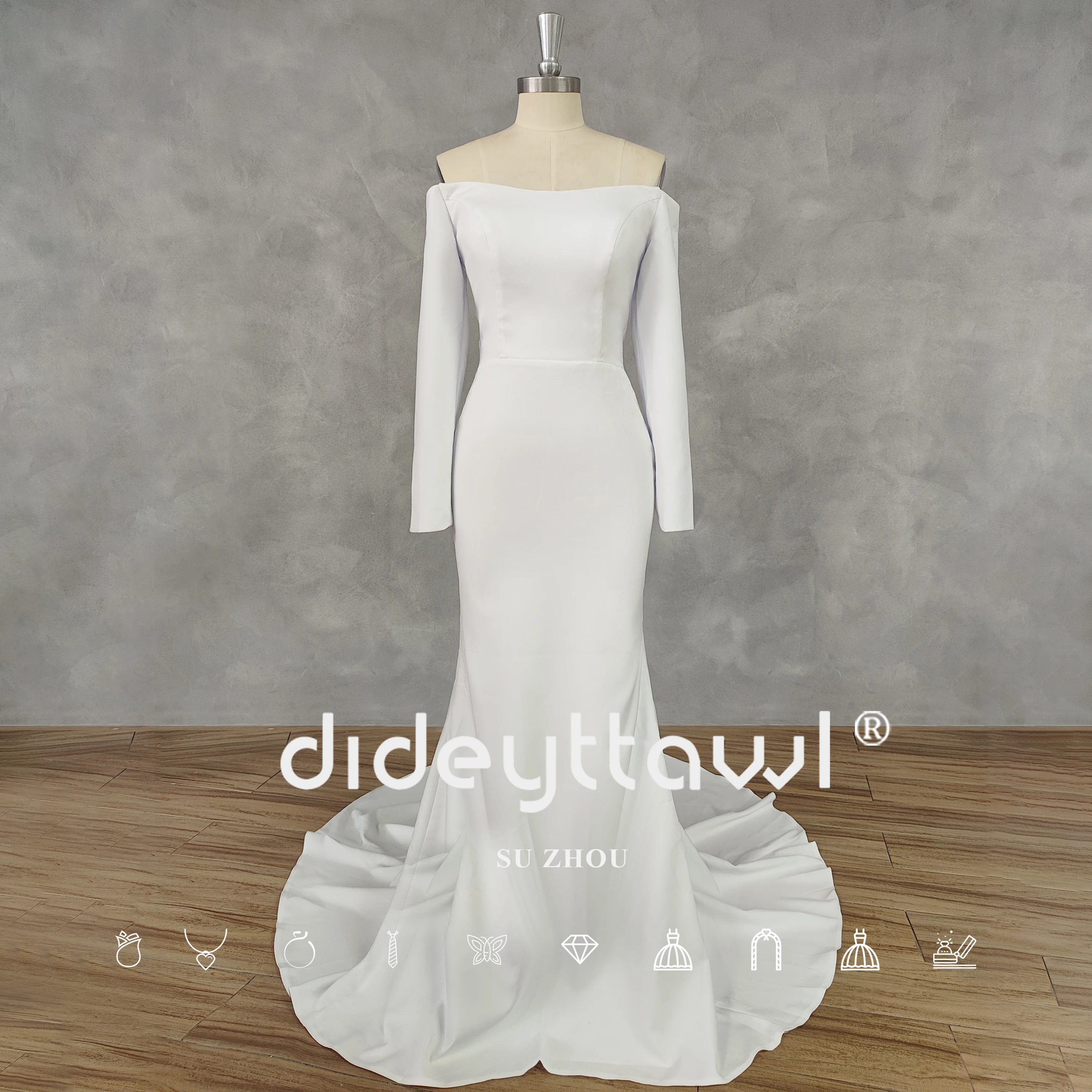 DIDEYTTAWL Real Picture Simple Off-Shoulder Long Sleeveless Crepe Mermaid Wedding Dress Lace Up Back Court Train Bridal Gown