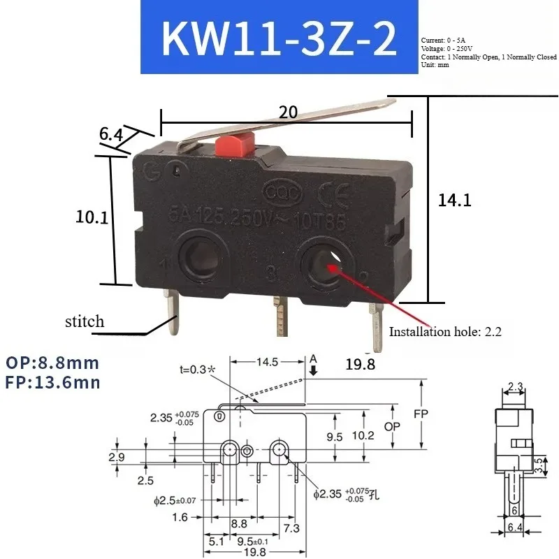 10PCS KW11 Micro Switch 2/3Pin NO/NC Mini Limit Switch Mechanical Travel 5A 250VAC Roller Arc Lever Snap Action Push Switches