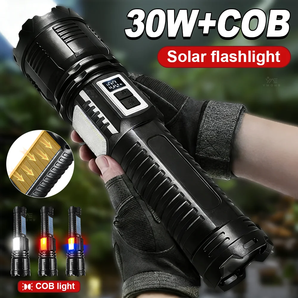 

Солнечный перезаряжаемый светодиодный фонарик, белый лазер, тактические фонарики, мощный цифровой дисплей, внешний аккумулятор, фонарь для кемпинга